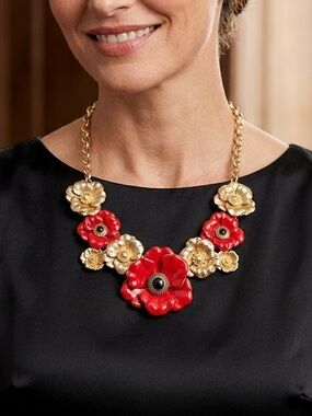 Talbots Floral Enamel Poppy Red, Black, and Gold Tone Bib Necklace